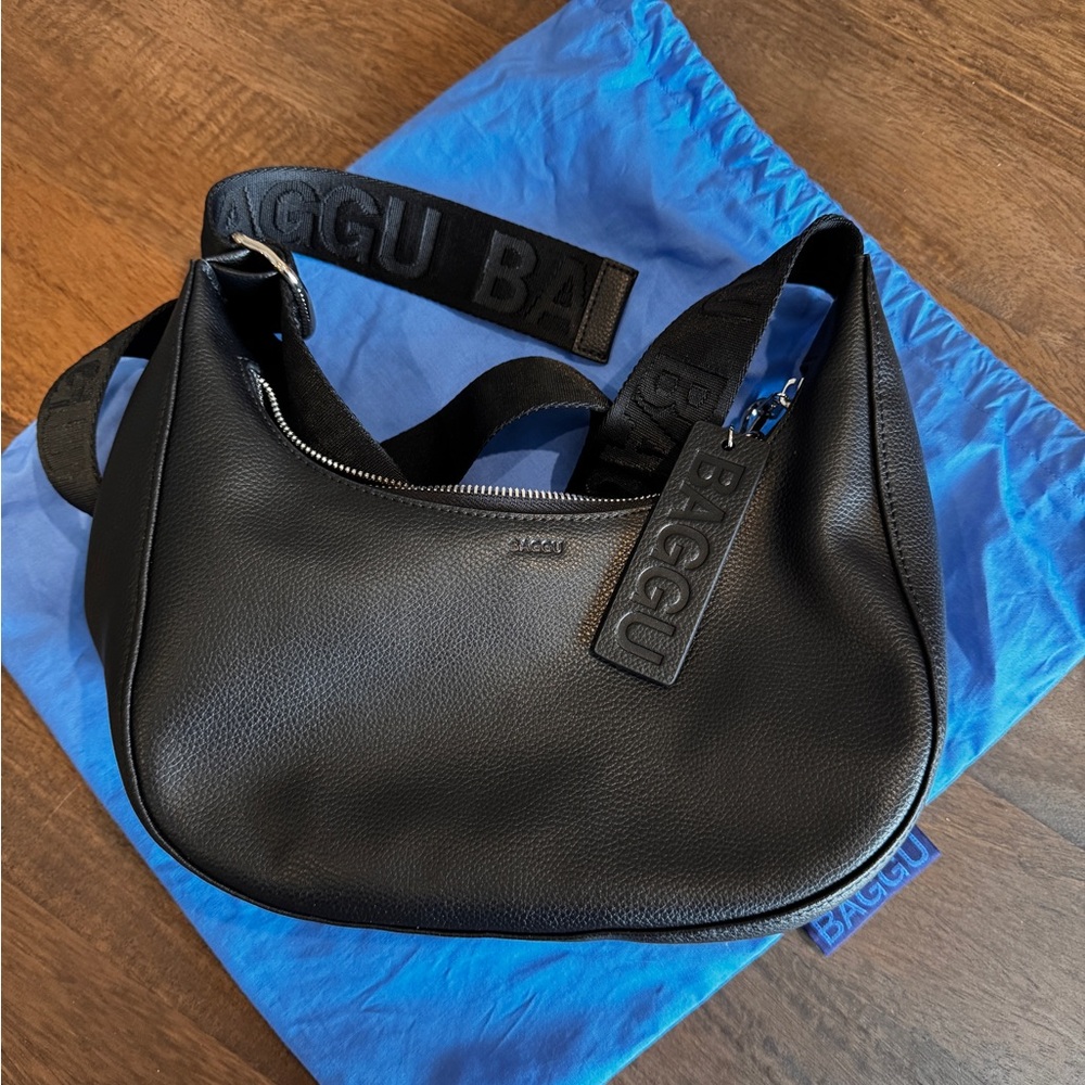 Small Recycled Leather Crescent Bag, Black